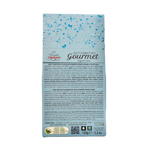 Crispo Ovetti Confettati Gourmet Cioccolato Fondente e Cocco 150g retro