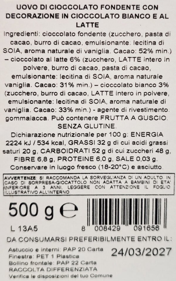 La Suissa Uovo di Cioccolato Fondente con Decorazioni Miste 500g