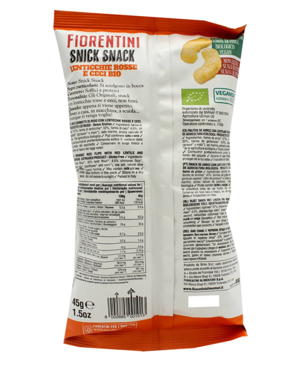 Fiorentini Snick Snack Bio Cornetti di Riso con Lenticchie Rosse e Ceci 45g ingredienti