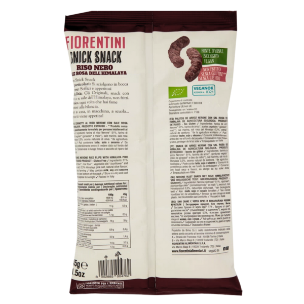 Fiorentini Snick Snack Cornetti al Riso Nero con Sale Rosa dell'Himalaya 45g ingredienti