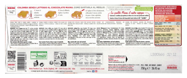 Maina Colomba al Cioccolato Fondente Senza Lattosio 750g ingredienti