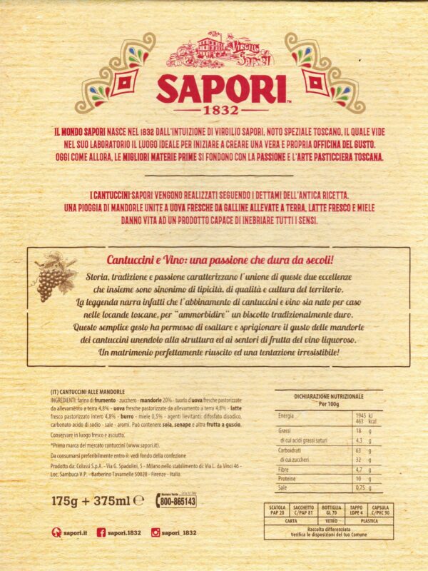 Sapori Cantuccini alle Mandorle e Vino Liquoroso Pergoleto 175g + 375ml