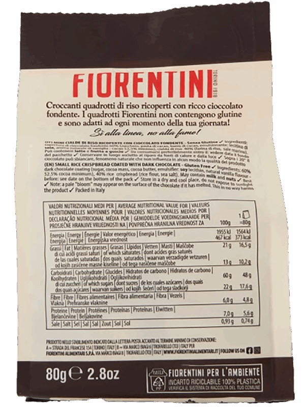 Fiorentini Quadrotti di Riso Ricoperti con Cioccolato Fondente 80g ingredienti