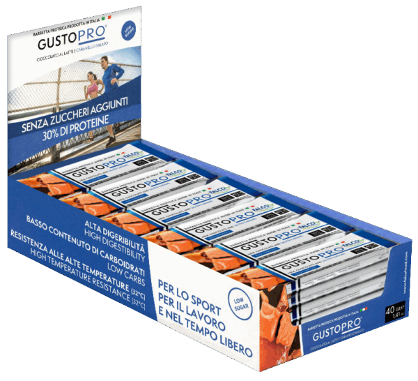 GustoPro Barretta Proteica al Cioccolato a Latte e Caramello Salato, Box 24x40g