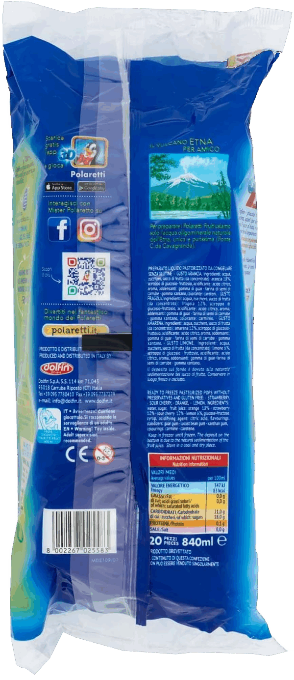 Dolfin Polaretti Fruit BLU Doppia Confezione Ghiaccioli Arancia, Fragola, Amarena e Limone 840ml