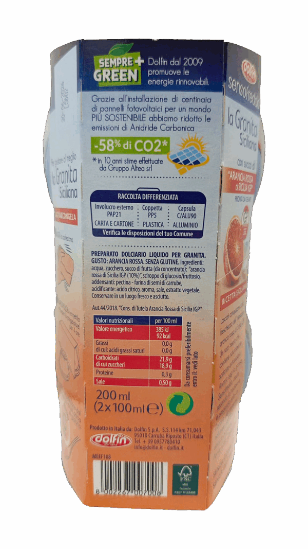 Dolfin Sensofreddo La Granita Siciliana Arancia Rossa di Sicilia IGP 200ml ingredienti