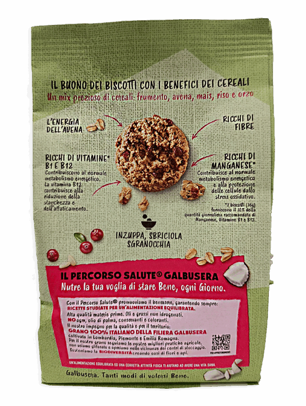 Galbusera Cereali G Biscotti Granola e Frolla con Avena, Mirtilli Rossi e Cocco 280g ingredienti