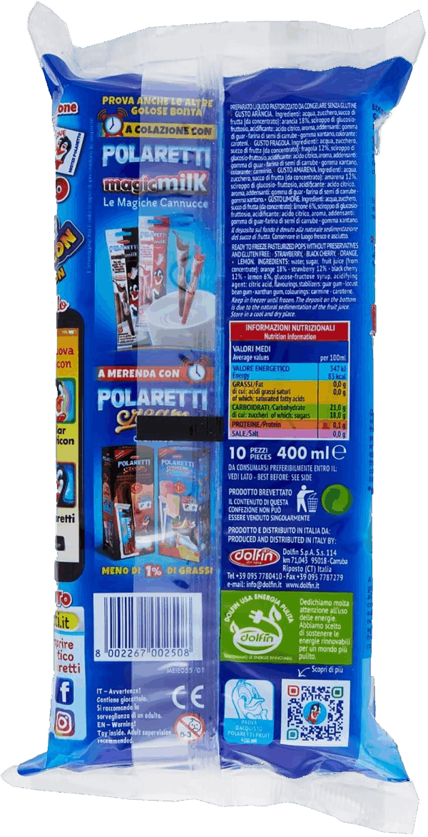 Dolfin Polaretti Fruit BLU Ghiaccioli Arancia, Fragola, Amarena e Limone 420ml ingredienti