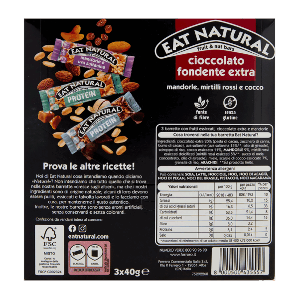 Eat Natural Barretta con Cioccolato Fondente, Mandorle, Mirtilli Rossi e Cocco 120g ingredienti