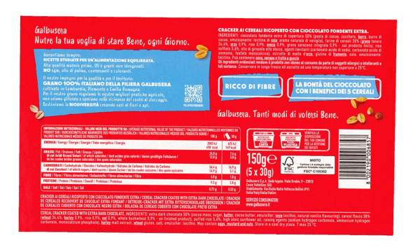 Galbusera Cracker ai Cereali Ricoperto con Riso Soffiato e Cioccolato Fondente Extra 150g ingredienti
