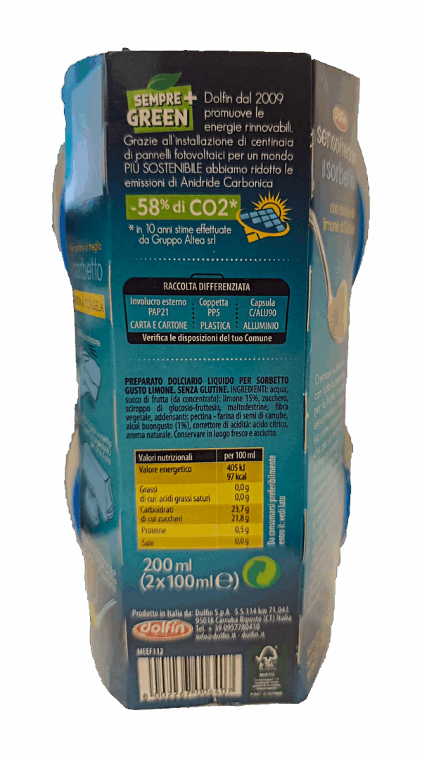 Dolfin Sensofreddo Il Sorbetto Limone di Sicilia 200ml ingredienti
