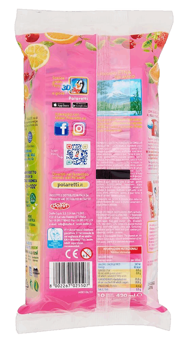Dolfin Polaretti Fruit ROSA Ghiaccioli Arancia, Fragola, Amarena e Limone 420ml ingredienti