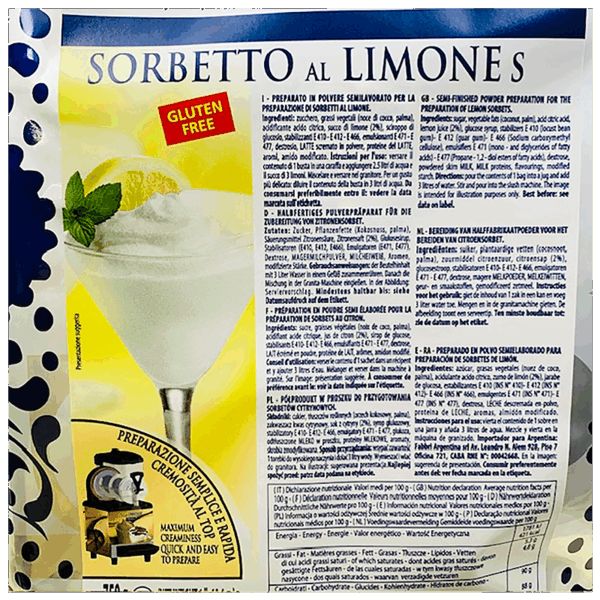 Fabbri Sorbetto al Limone, Preparato in Polvere 750g ingredienti