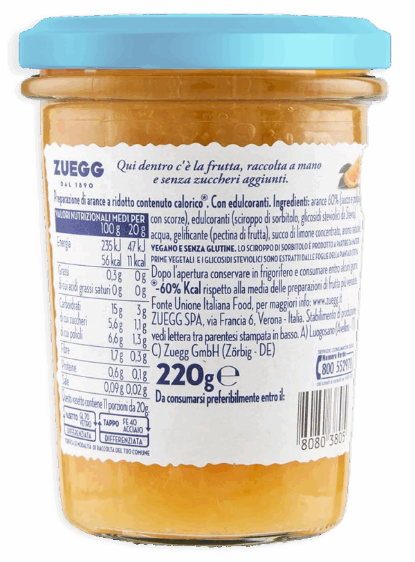 Zuegg Marmellata alle Arance Zero Zuccheri Aggiunti 220g ingredienti