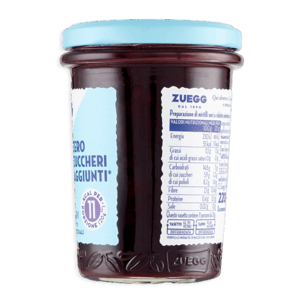 Zuegg Marmellata ai Mirtilli Neri Zero Zuccheri Aggiunti 220g