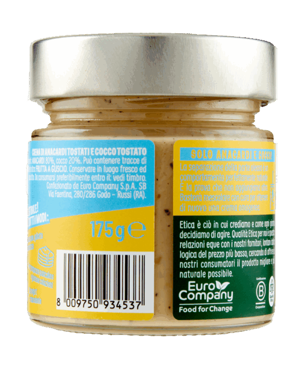 Crema Pura di Anacardi Tostate e Cocco 100% Biologica 175g