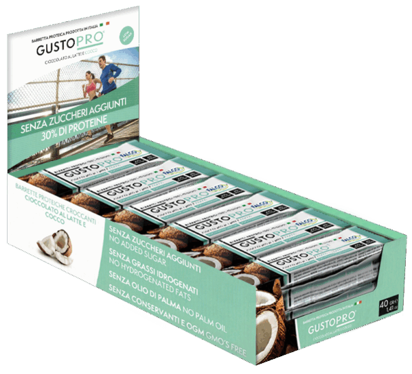 GustoPro Barretta Proteica al Cioccolato a Latte e Cocco, Box 24x40g