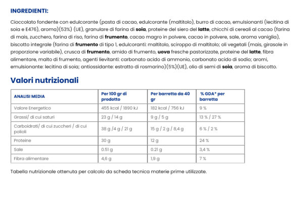 GustoPro Barretta Proteica al Cioccolato Fondente e Cookie, Box 24x40g ingredienti