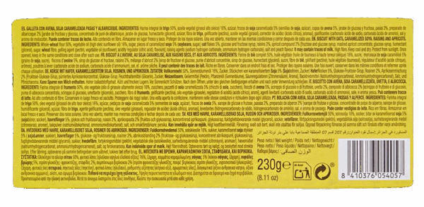 Gullon Digestive Avena Musli Biscotti con Avena, Uvetta, Albicocca e Soia 230g ingredienti