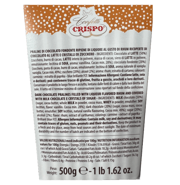 Crispo Liqueur Sucrè Dragèes al Cioccolato con Rhum 500g retro
