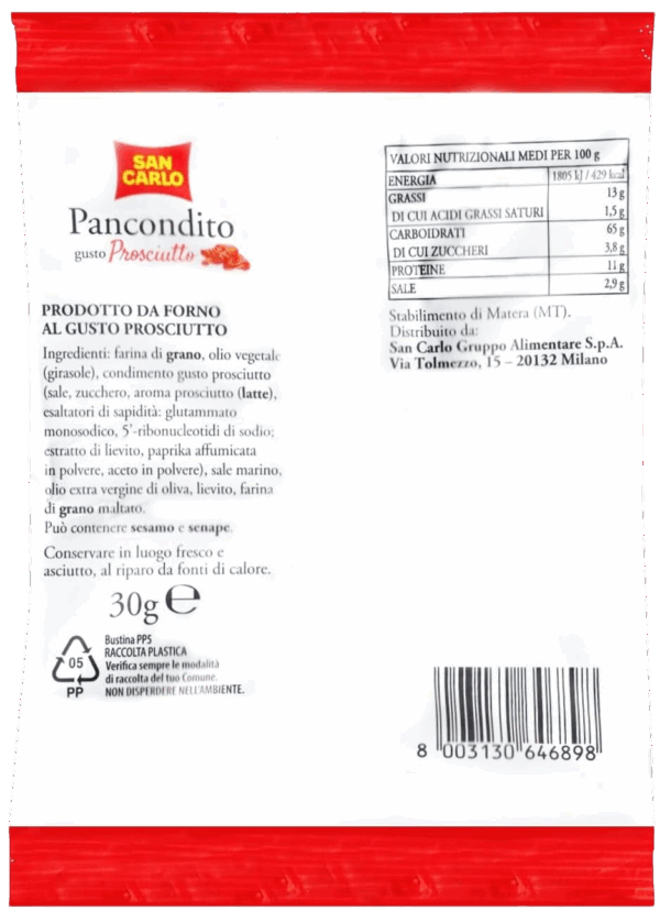 San Carlo Pancondito Snack Salato al Gusto Prosciutto 30g retro