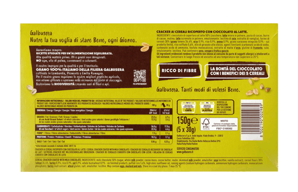 Galbusera Cracker ai Cereali Ricoperto con Riso Soffiato e Cioccolato al Latte 150g retro