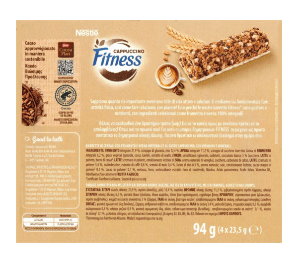 Nestle Fitness Barrette di Cereali Gusto Cappuccino 94g retro