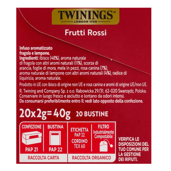 Twinings Sensations Frutti Rossi Infuso Aromatizzato Fragola e Lampone ingredienti