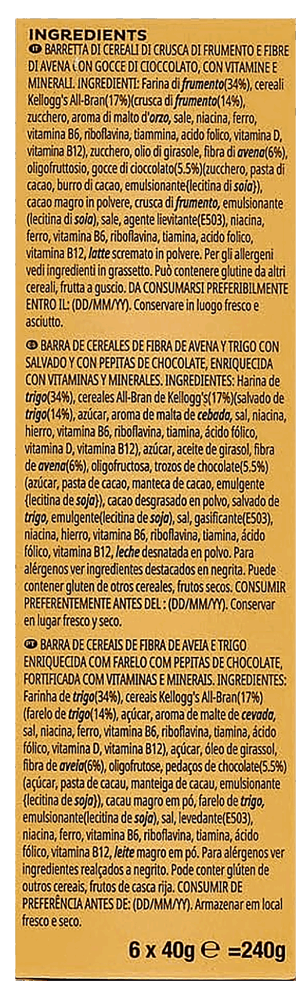 Kellagg's All Bran Chocolate Barrette di Cereali con Gocce di Cioccolato 240g - immagine 4