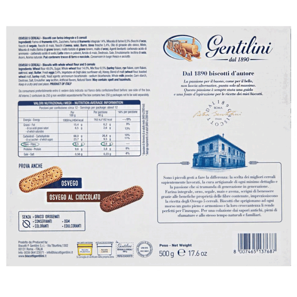 Gentilini Osvego 5 Cereali Biscotti con Farina Integrale e 5 Cereali 500g - immagine 2