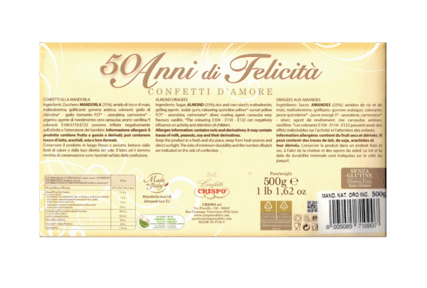 Crispo Confetti D'Amore alla Mandorla Oro Incartati 50 Anni di Felicità Senza Glutine 500g - immagine 2