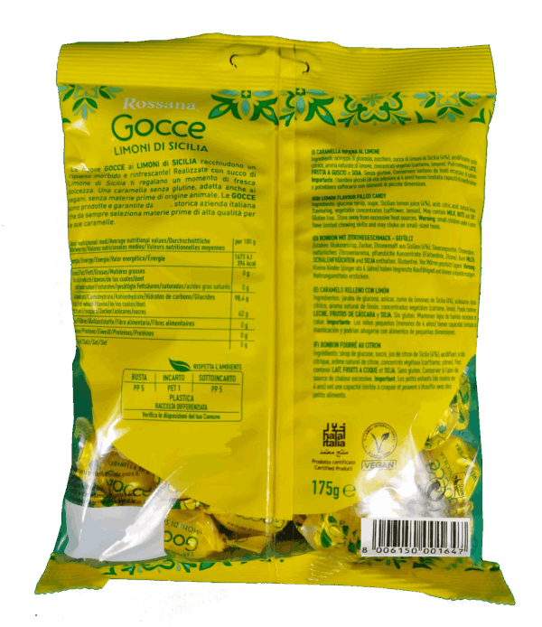 Rossana Caramelle Ripiene Gocce Limoni di Sicilia Senza Glutine 175g retro