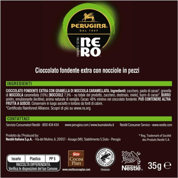 Perugina Nero Barrette Fondente e Nocciole Caramellate Box 36x35g ingredienti