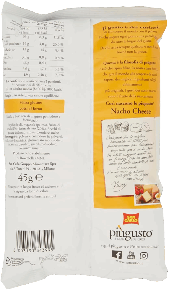 San Carlo Nacho Cheese Gusto Pomodoro e Formaggio 45g ingredienti
