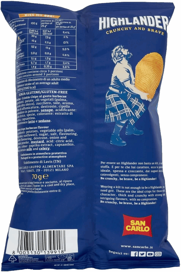 San Carlo Highlander BBQ Patatine Gusto Barbecue 70g ingredienti