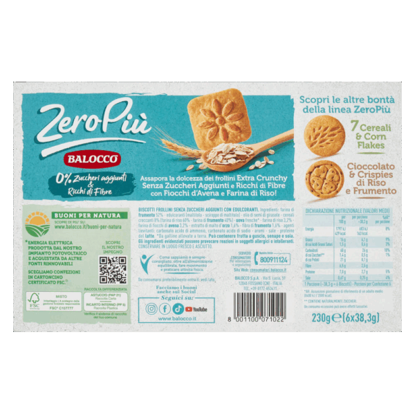Balocco Zeropiù Frollini con Fiocchi di Avena e Farina di Riso 230g retro