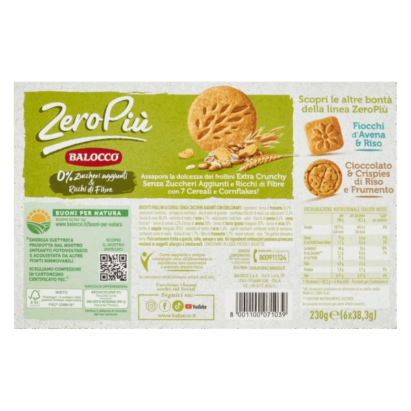 Balocco Zeropiù Frollini ai 7 Cereali e con Corn Flakes 230g retro