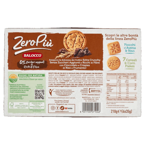 Balocco Zeropiù Frollini con con Gocce di Cioccolato e Crispies di Riso e Frumento 210g retro