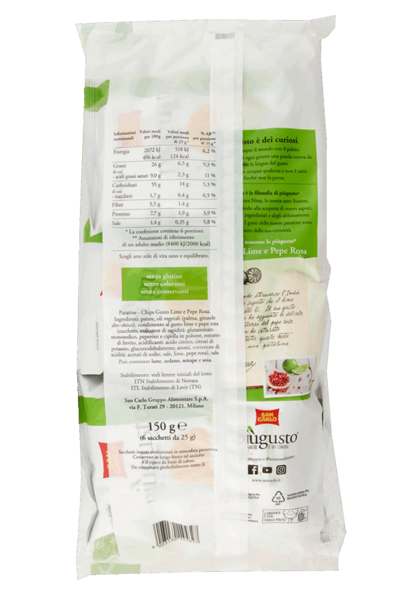 San Carlo Più Gusto Lime e Pepe Rosa Patatine Formato Multipack 6x25g, 150g - immagine 2