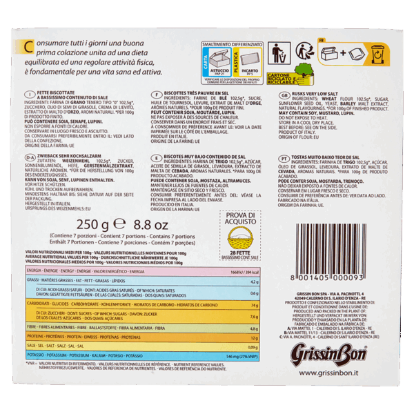 GrissinBon Fette Biscottate a Basso Contenuto di Sale FrescheBiscottate 250g retro