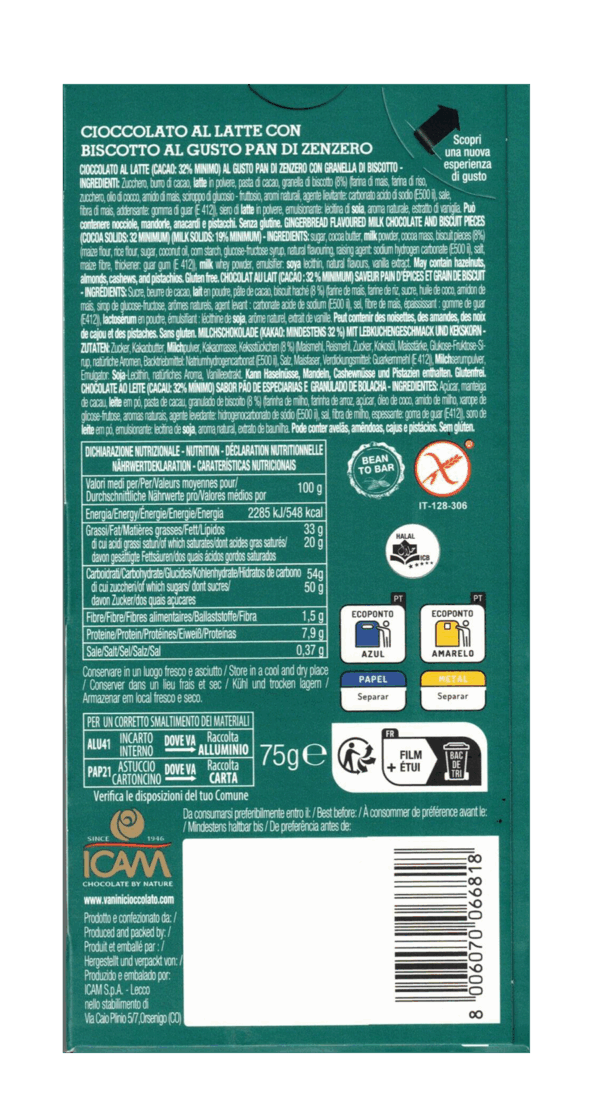 Vanini Tavoletta Tasting Experience al Gusto Pan di Zenzero 75g ingredienti