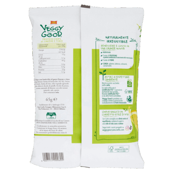 San Carlo Veggy Good Protein Chips Non Fritte al Gusto Limone e Timo 65g retro