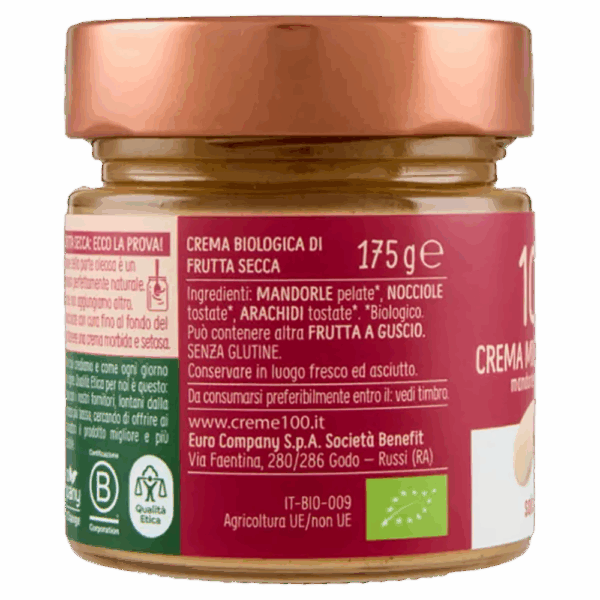 Crema Mix di Frutta Secca Mandorle, Nocciole e Arachidi 100% Biologica 175g ingredienti