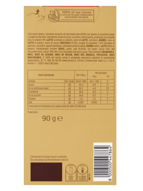 Ferrero Rocher Caramello Salato e Nocciola Tavoletta di Cioccolato Extra con Ripieno alla Nocciola 90g ingredienti