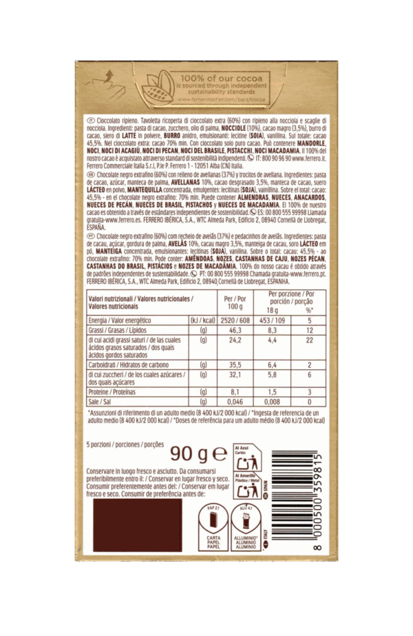 Ferrero Rocher Extra Dark Tavoletta di Cioccolato Extra con Ripieno alla Nocciola 90g ingredienti