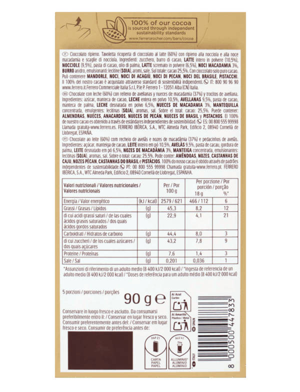 Ferrero Rocher Macadamia Tavoletta di Cioccolato al Latte con Ripieno alla Nocciola 90g ingredienti
