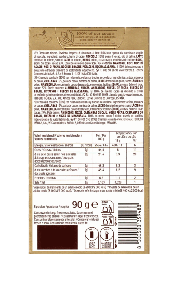 Ferrero Rocher Milk Tavoletta di Cioccolato al Latte con Ripieno alla Nocciola 90g ingredienti