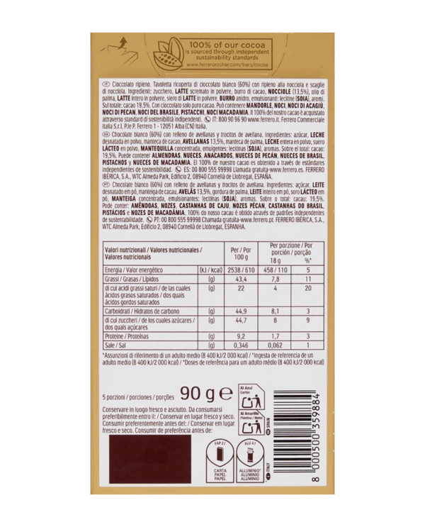 Ferrero Rocher White Tavoletta di Cioccolato Bianco con Ripieno alla Nocciola 90g - immagine 3