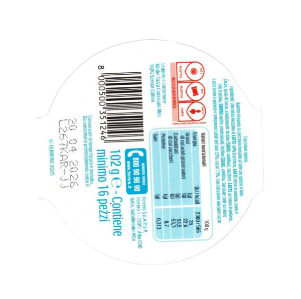 Kinder Cioccolato Mini in Tazza Natalizia 102g (2025) ingredienti