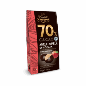 Crispo Confetti 70% Cacao Anelli di Mela Essiccata Ricoperti di Finissimo Cioccolato Extra Fondente 130g